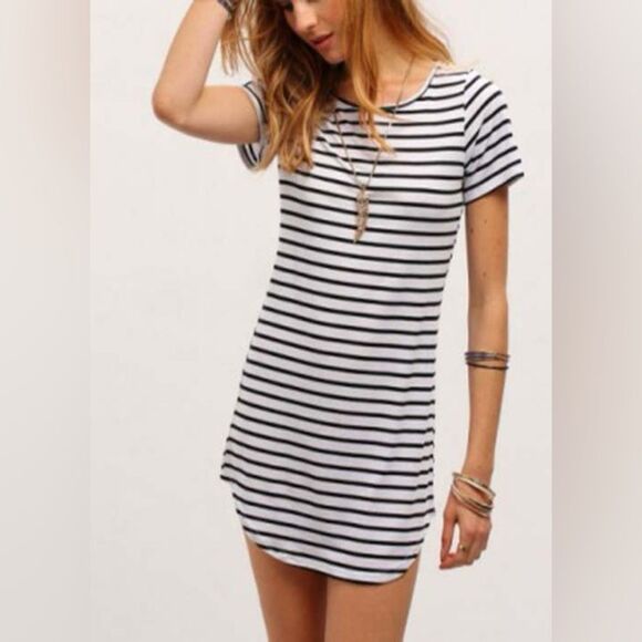 Striped T-Shirt Dress Women's M/L Cotton Stretch Basic Travel Academia Preppy - Picture 2 of 11